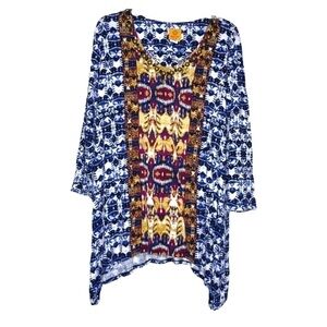 Ruby RD. Blue, White, Gold & Magenta Tribal Print Shark-Bite Top Beaded Size 1X